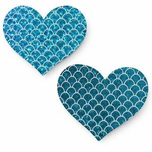 Blue Mermaid Scale Heart Pasties | Holographic Teal Nipple Covers Festival Rave